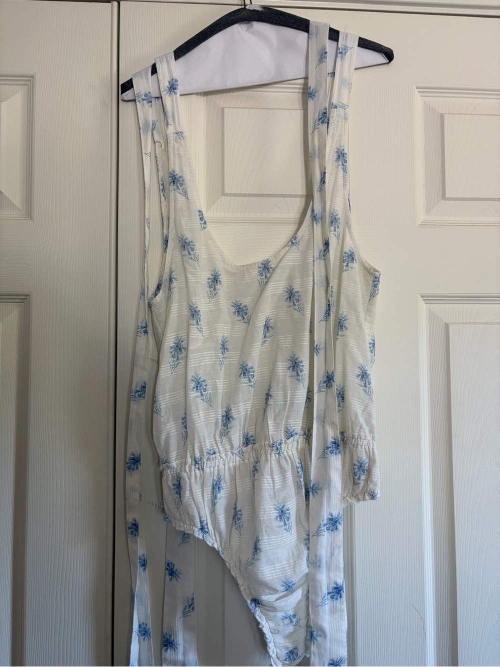 LoveShackFancy White Bodysuit with Blue Floral Motif